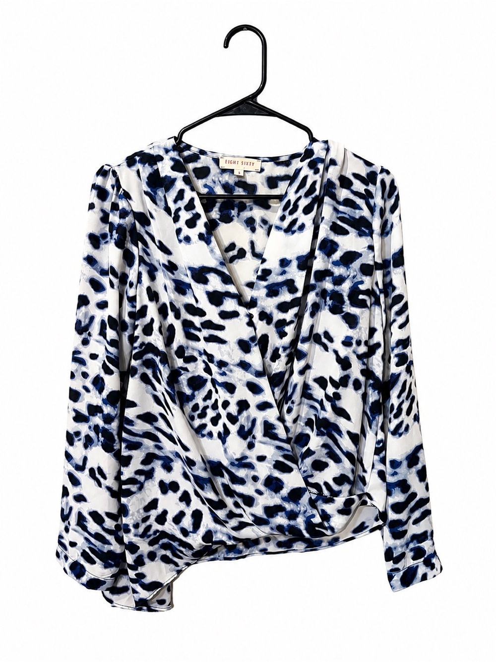 Eight Sixty White and Navy Animal Print Wrap Blouse